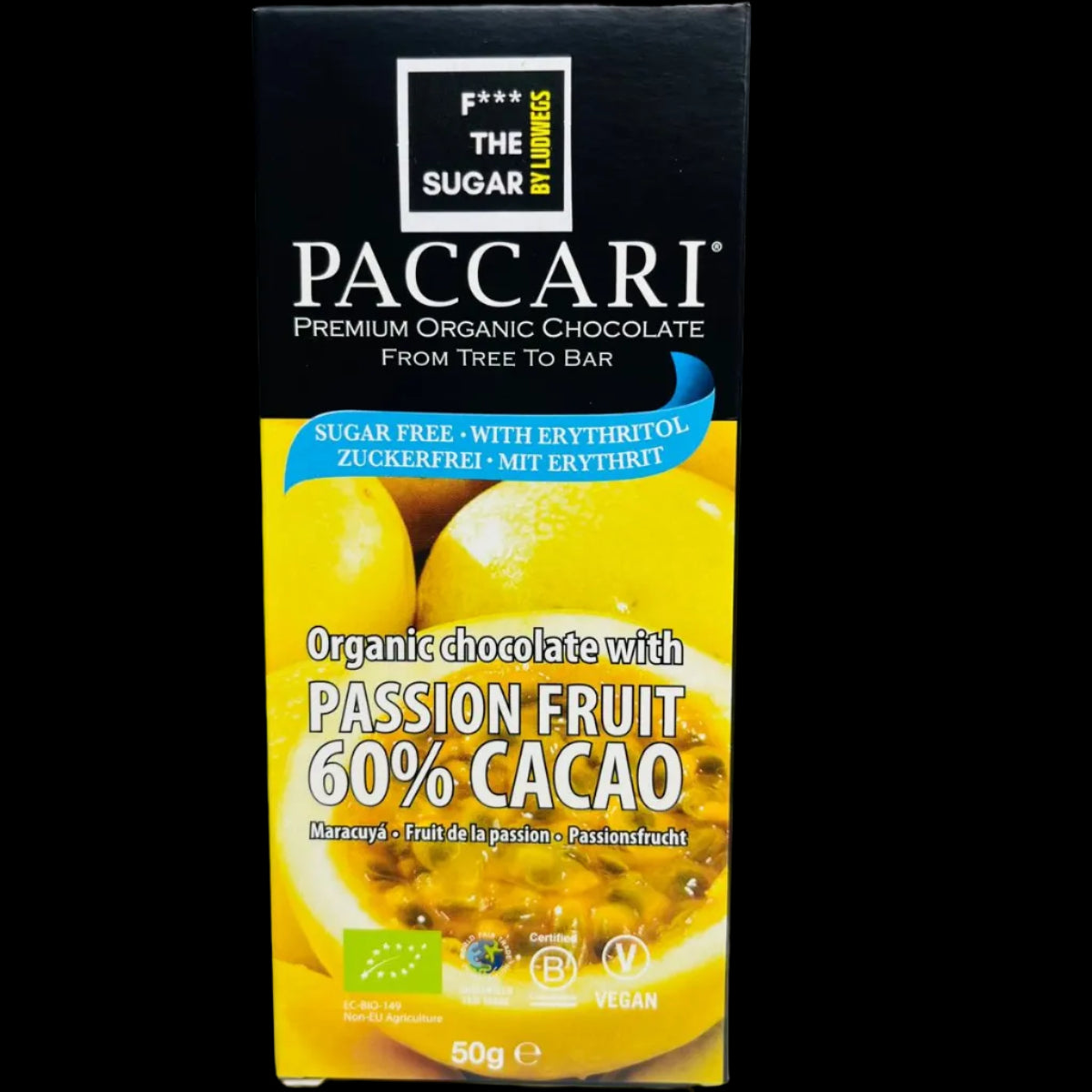 Paccari Maracuja 60 % – Zuckerfreie Bio-Schokolade – Produktansicht