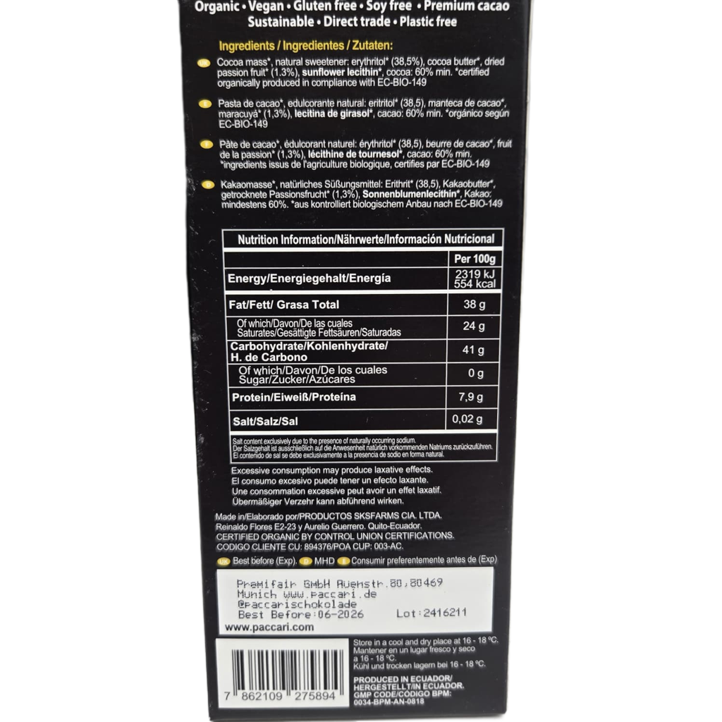 Paccari Maracuja 60 % – Zuckerfreie Bio-Schokolade
