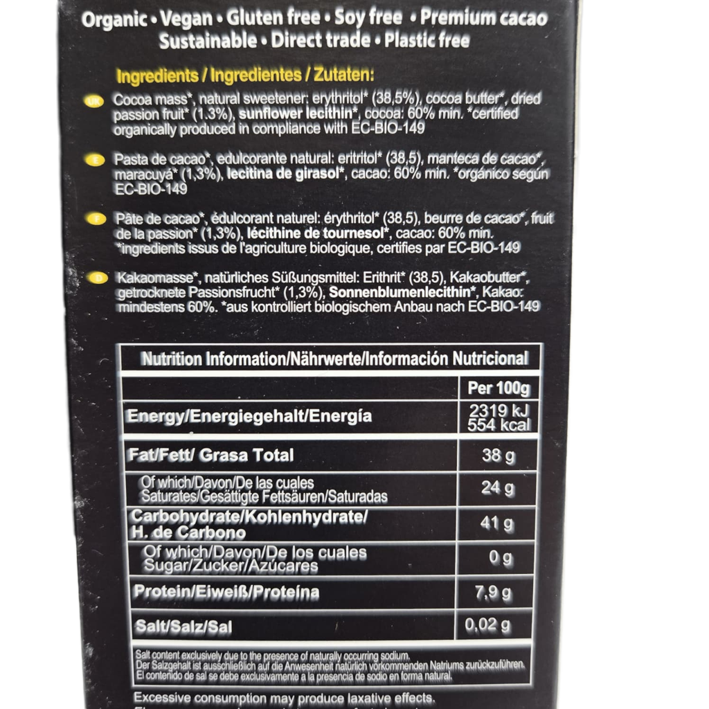 Paccari Maracuja 60 % – Zuckerfreie Bio-Schokolade – Produktansicht 3